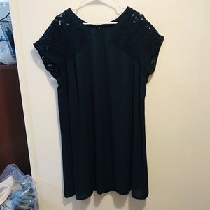 Navy sheath dress with lace sleeves